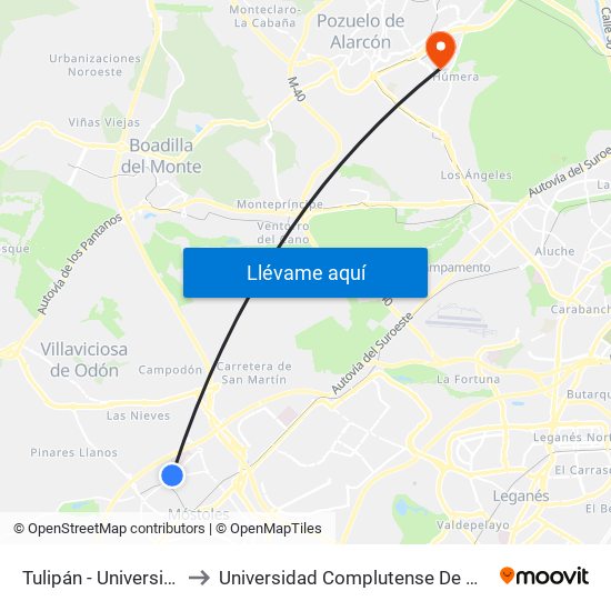 Tulipán - Universidad Rey Juan Carlos to Universidad Complutense De Madrid (Campus De Somosaguas) map