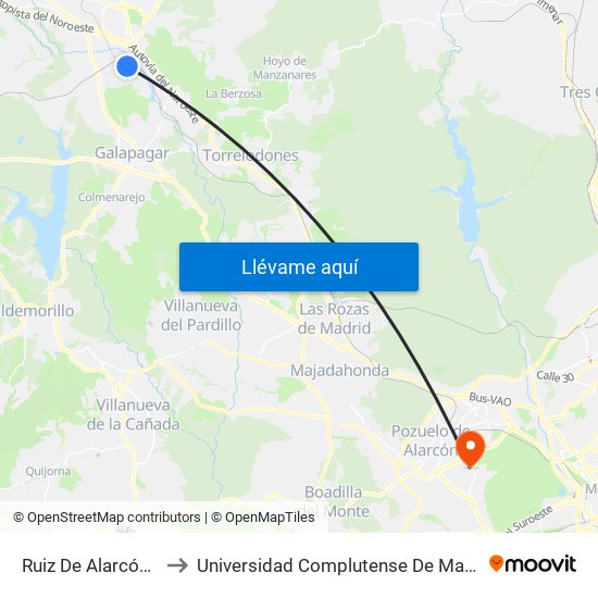 Ruiz De Alarcón - Av. Galapagar to Universidad Complutense De Madrid (Campus De Somosaguas) map