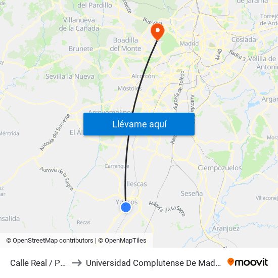 Calle Real / Parque, Yuncos to Universidad Complutense De Madrid (Campus De Somosaguas) map