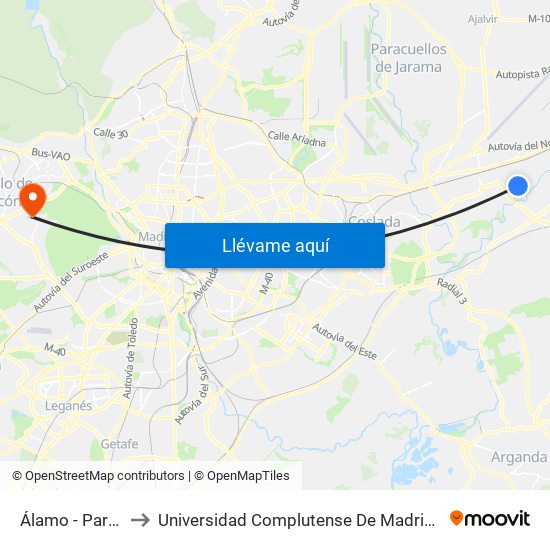 Álamo - Parque Europa to Universidad Complutense De Madrid (Campus De Somosaguas) map