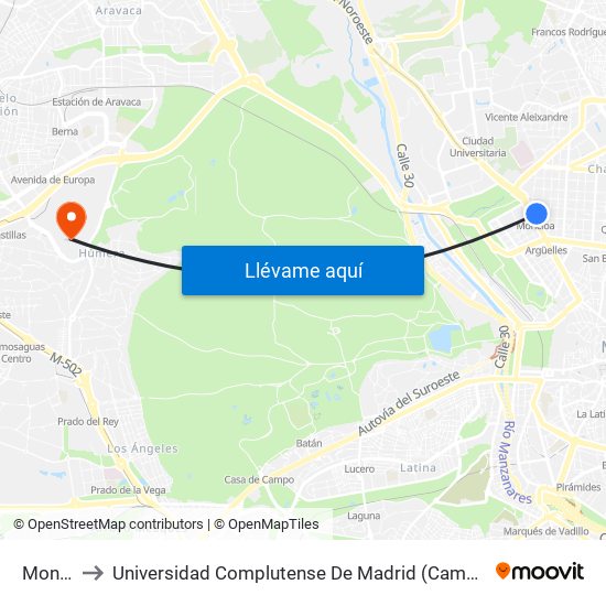 Moncloa to Universidad Complutense De Madrid (Campus De Somosaguas) map