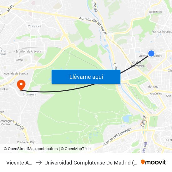 Vicente Aleixandre to Universidad Complutense De Madrid (Campus De Somosaguas) map