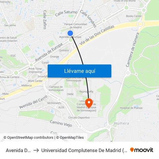 Avenida De Europa to Universidad Complutense De Madrid (Campus De Somosaguas) map