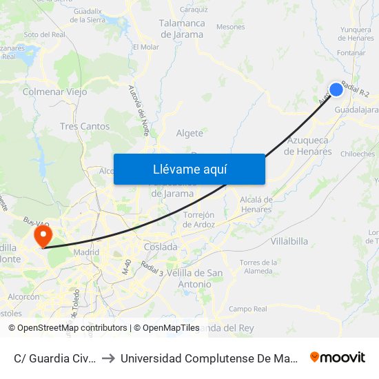 C/ Guardia Civil, Marchamalo to Universidad Complutense De Madrid (Campus De Somosaguas) map