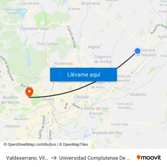 Valdeserrano, Villanueva De La Torre to Universidad Complutense De Madrid (Campus De Somosaguas) map