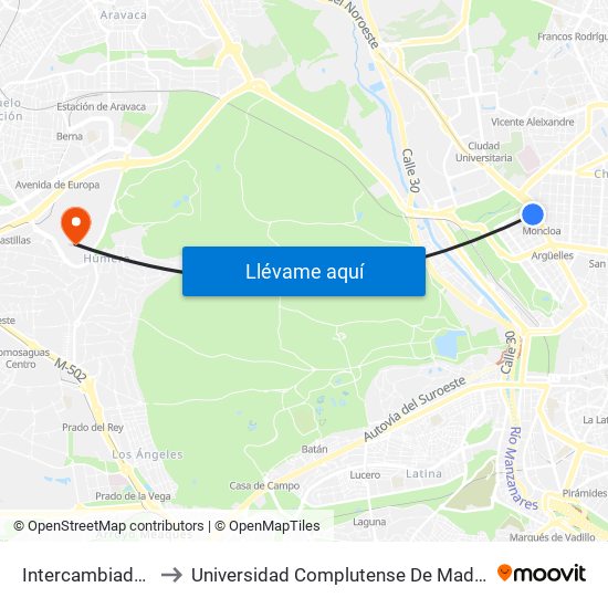 Intercambiador De Moncloa to Universidad Complutense De Madrid (Campus De Somosaguas) map