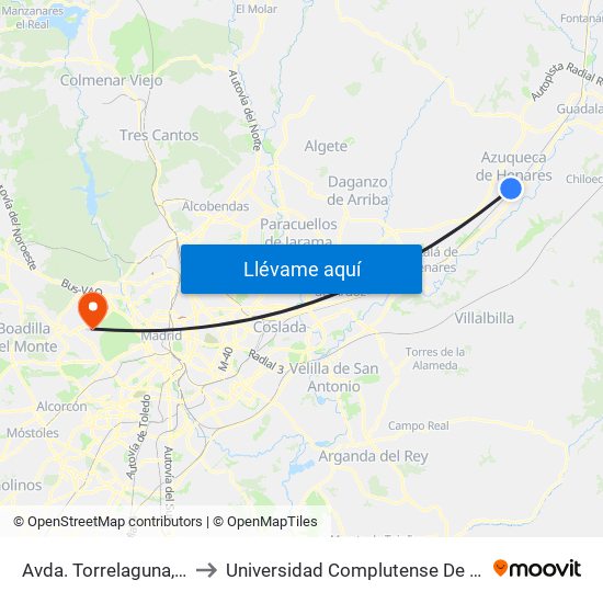 Avda. Torrelaguna, Azuqueca De Henares to Universidad Complutense De Madrid (Campus De Somosaguas) map
