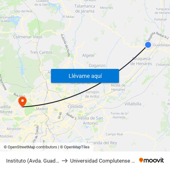 Instituto (Avda. Guadalajara), Cabanillas Del Campo to Universidad Complutense De Madrid (Campus De Somosaguas) map