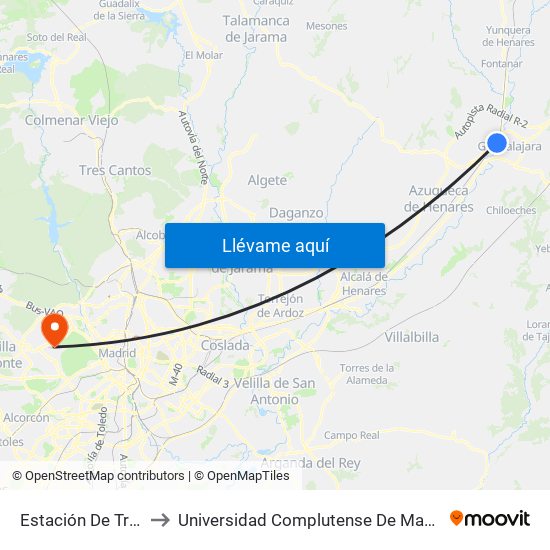 Estación De Tren, Guadalajara to Universidad Complutense De Madrid (Campus De Somosaguas) map