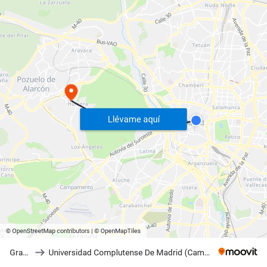 Gran Vía to Universidad Complutense De Madrid (Campus De Somosaguas) map