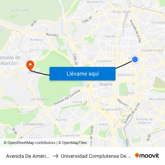 Avenida De América - Corazón De María to Universidad Complutense De Madrid (Campus De Somosaguas) map