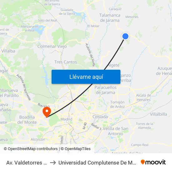 Av. Valdetorres - Madrid, El Casar to Universidad Complutense De Madrid (Campus De Somosaguas) map