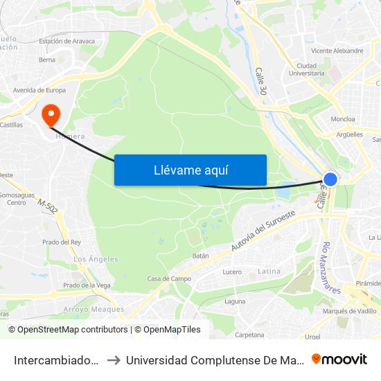 Intercambiador De Príncipe Pío to Universidad Complutense De Madrid (Campus De Somosaguas) map