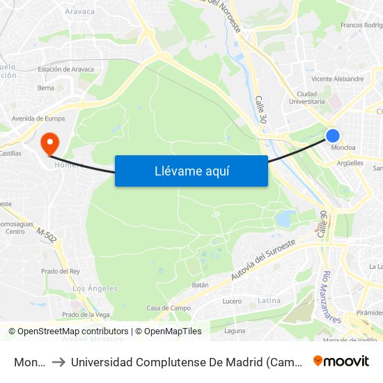 Moncloa to Universidad Complutense De Madrid (Campus De Somosaguas) map