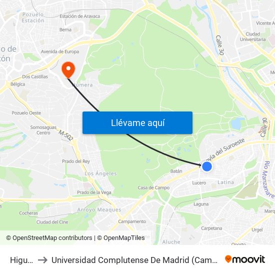 Higueras to Universidad Complutense De Madrid (Campus De Somosaguas) map