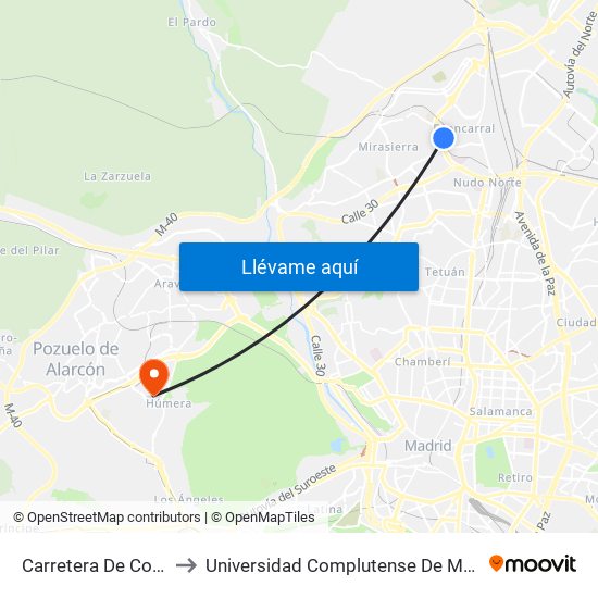 Carretera De Colmenar - Badalona to Universidad Complutense De Madrid (Campus De Somosaguas) map