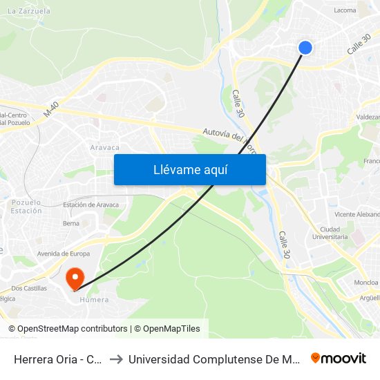 Herrera Oria - Camino Fuencarral to Universidad Complutense De Madrid (Campus De Somosaguas) map