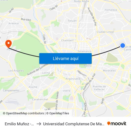 Emilio Muñoz - Alfonso Gómez to Universidad Complutense De Madrid (Campus De Somosaguas) map
