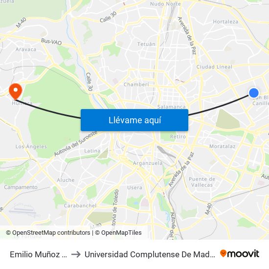 Emilio Muñoz - Miguel Yuste to Universidad Complutense De Madrid (Campus De Somosaguas) map