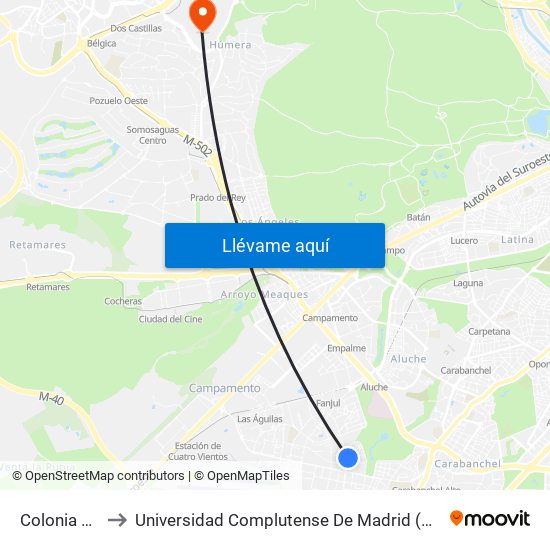 Colonia Aviación to Universidad Complutense De Madrid (Campus De Somosaguas) map