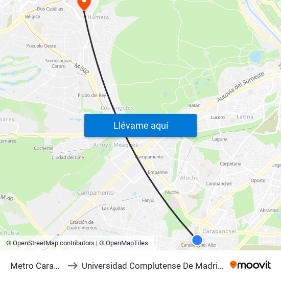 Metro Carabanchel Alto to Universidad Complutense De Madrid (Campus De Somosaguas) map