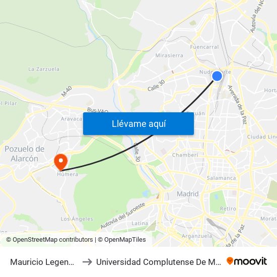Mauricio Legendre - Cocheras Emt to Universidad Complutense De Madrid (Campus De Somosaguas) map