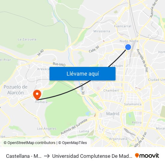 Castellana - Manuel Caldeiro to Universidad Complutense De Madrid (Campus De Somosaguas) map