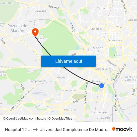 Hospital 12 De Octubre to Universidad Complutense De Madrid (Campus De Somosaguas) map