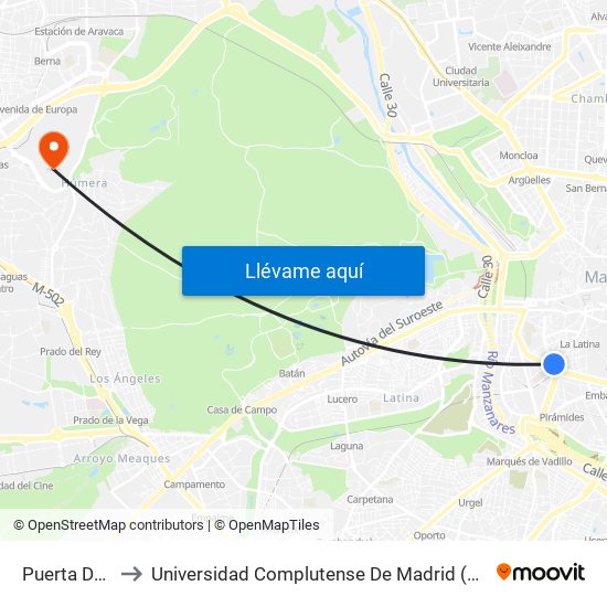 Puerta De Toledo to Universidad Complutense De Madrid (Campus De Somosaguas) map