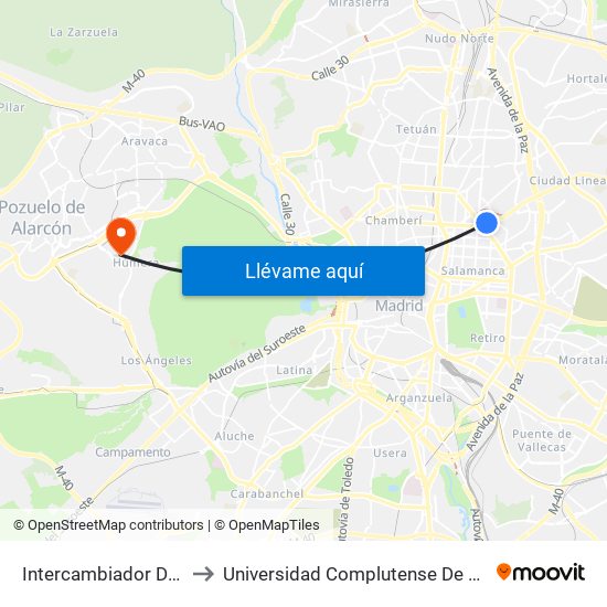 Intercambiador De Avenida De América to Universidad Complutense De Madrid (Campus De Somosaguas) map