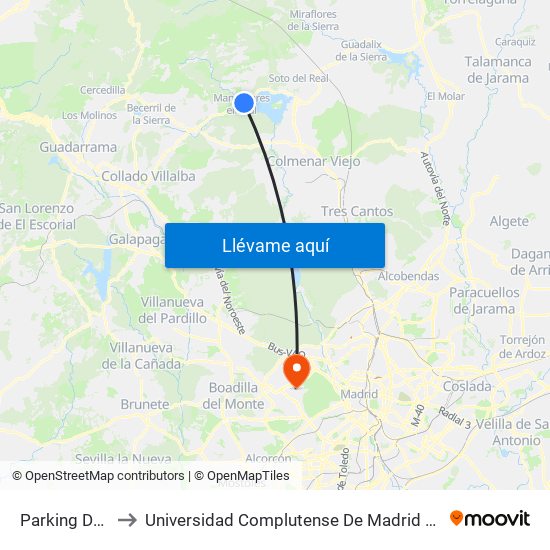Parking Del Castillo to Universidad Complutense De Madrid (Campus De Somosaguas) map