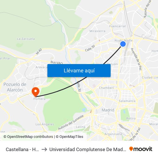 Castellana - Hospital La Paz to Universidad Complutense De Madrid (Campus De Somosaguas) map