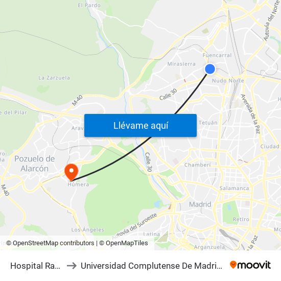 Hospital Ramón Y Cajal to Universidad Complutense De Madrid (Campus De Somosaguas) map