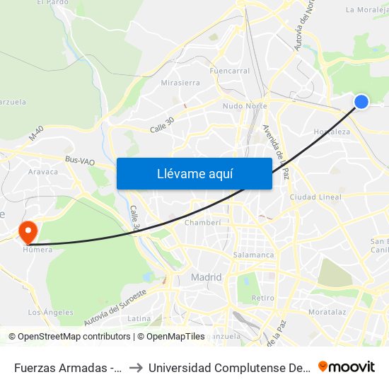 Fuerzas Armadas - Maestra Dolores Marco to Universidad Complutense De Madrid (Campus De Somosaguas) map