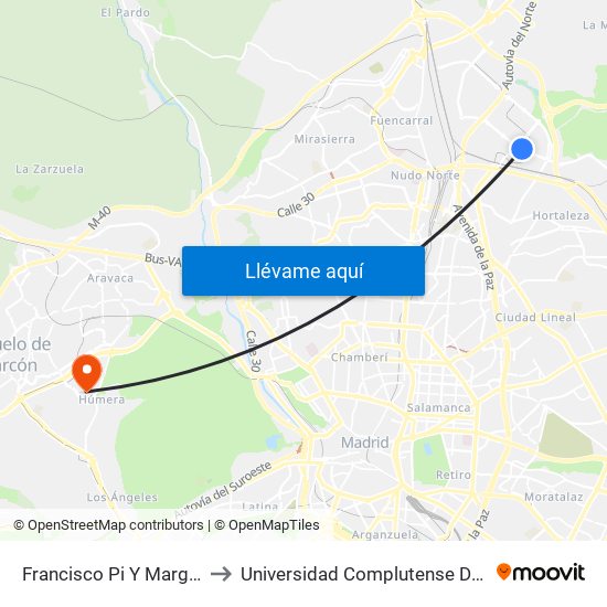 Francisco Pi Y Margall - Alcalde Moreno Torres to Universidad Complutense De Madrid (Campus De Somosaguas) map