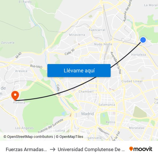 Fuerzas Armadas - Parque Valdebebas to Universidad Complutense De Madrid (Campus De Somosaguas) map