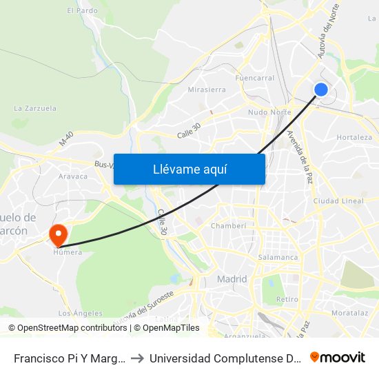 Francisco Pi Y Margall - Vicente Blasco Ibañez to Universidad Complutense De Madrid (Campus De Somosaguas) map