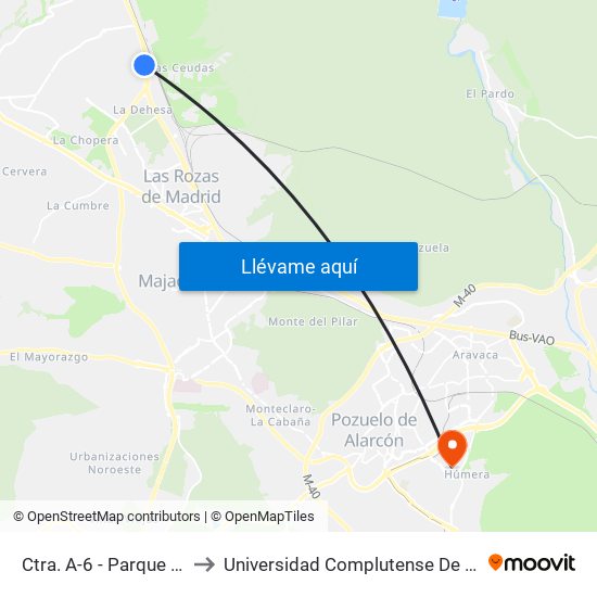Ctra. A-6 - Parque Empresarial Las Rozas to Universidad Complutense De Madrid (Campus De Somosaguas) map