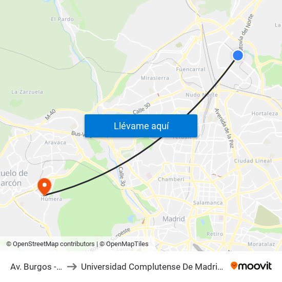 Av. Burgos - Dominicos to Universidad Complutense De Madrid (Campus De Somosaguas) map