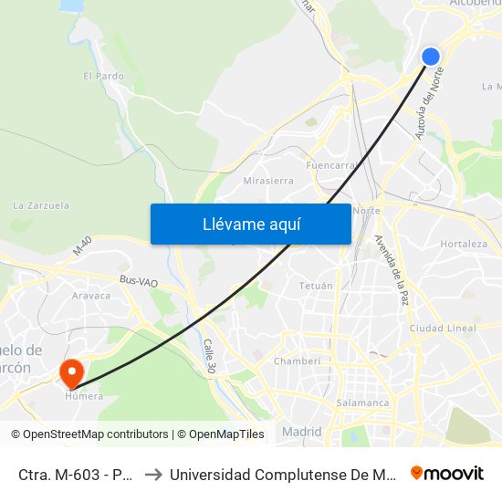 Ctra. M-603 - Pol. Ind. Calabozos to Universidad Complutense De Madrid (Campus De Somosaguas) map