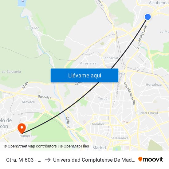 Ctra. M-603 - C. C. Río Norte to Universidad Complutense De Madrid (Campus De Somosaguas) map