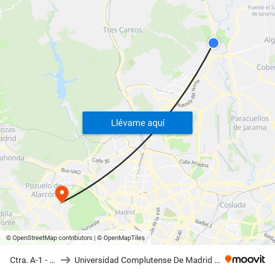 Ctra. A-1 - El Alemán to Universidad Complutense De Madrid (Campus De Somosaguas) map