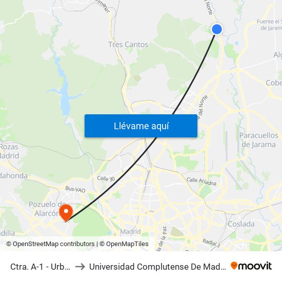 Ctra. A-1 - Urb. Ciudalcampo to Universidad Complutense De Madrid (Campus De Somosaguas) map