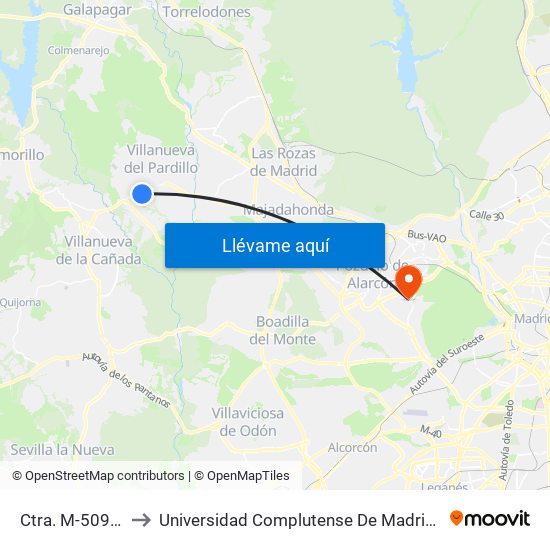 Ctra. M-509 - Los Pinos to Universidad Complutense De Madrid (Campus De Somosaguas) map
