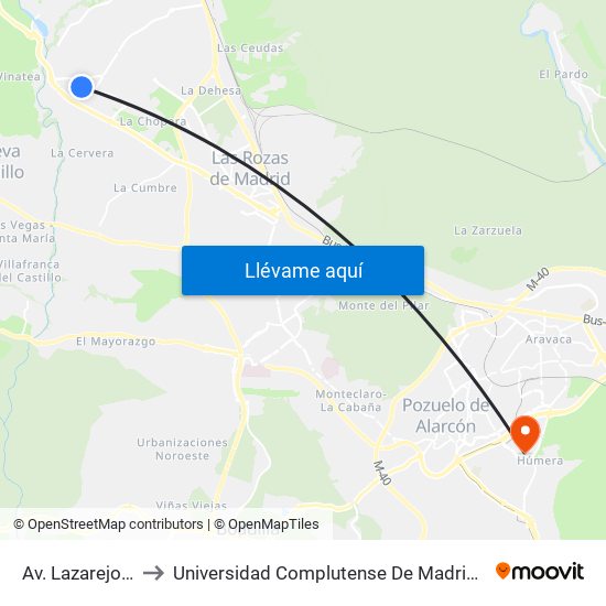 Av. Lazarejo - Santolina to Universidad Complutense De Madrid (Campus De Somosaguas) map