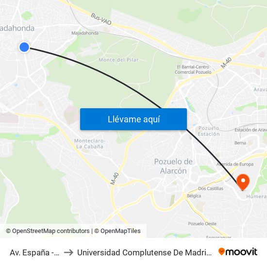 Av. España - Los Olmos to Universidad Complutense De Madrid (Campus De Somosaguas) map