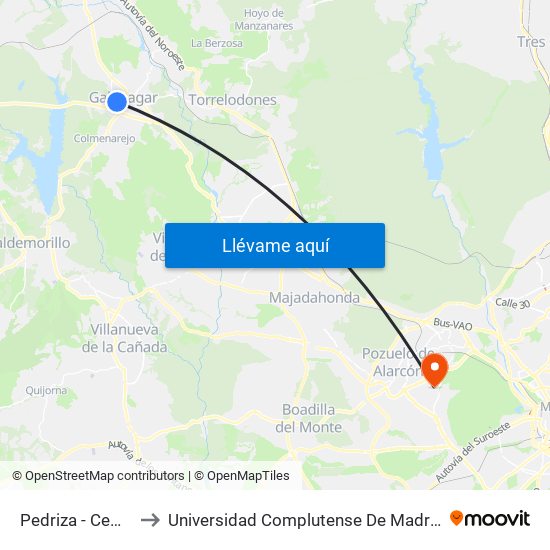 Pedriza - Cementerio Viejo to Universidad Complutense De Madrid (Campus De Somosaguas) map