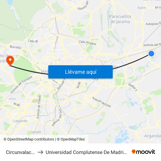 Circunvalación - Hierro to Universidad Complutense De Madrid (Campus De Somosaguas) map