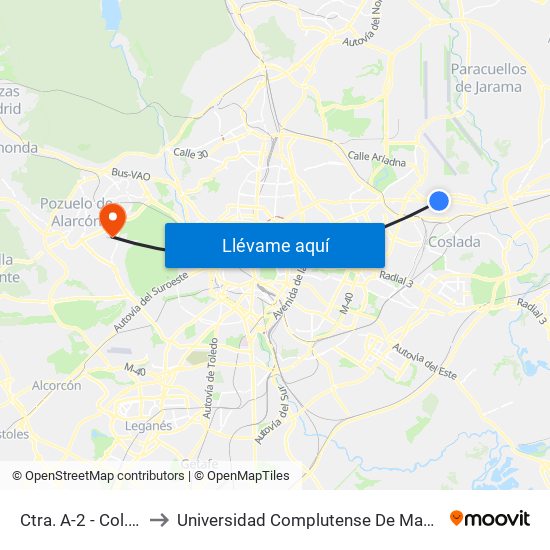Ctra. A-2 - Col. Fin De Semana to Universidad Complutense De Madrid (Campus De Somosaguas) map