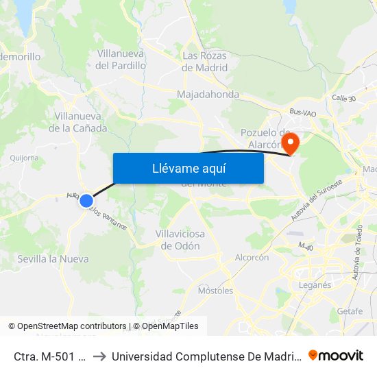 Ctra. M-501 - El Ventorro to Universidad Complutense De Madrid (Campus De Somosaguas) map